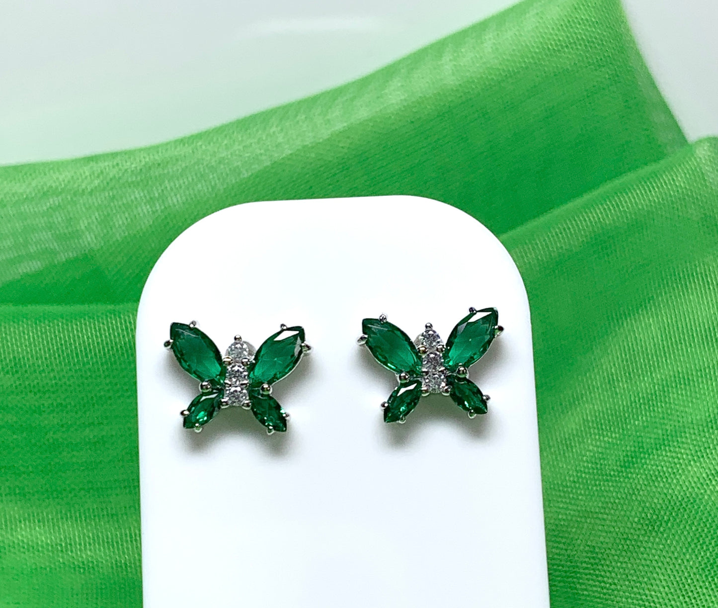 Butterfly shaped green cubic zirconia sterling silver stud earrings