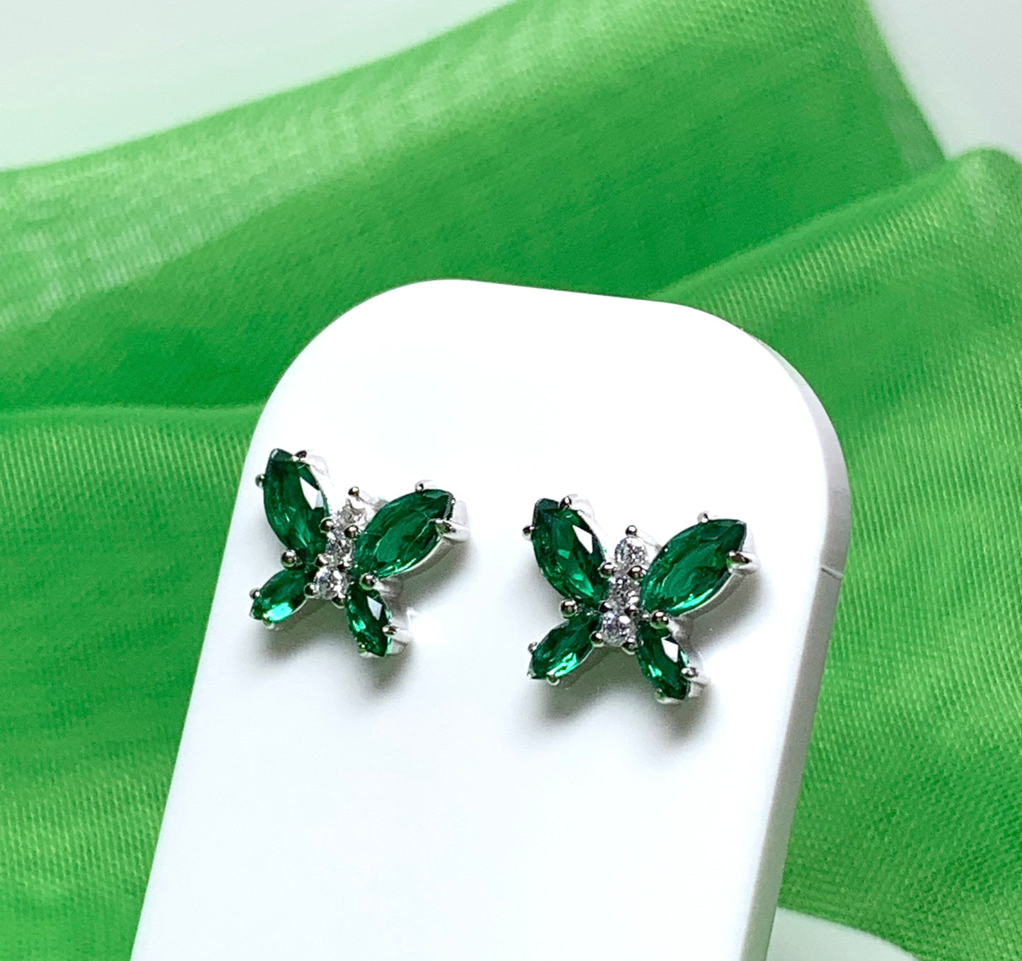 Butterfly shaped green cubic zirconia sterling silver stud earrings