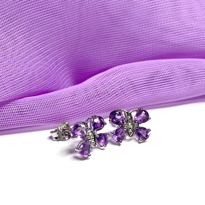 Butterfly shaped purple amethyst and diamond sterling silver stud earrings