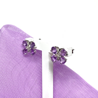 Butterfly shaped purple amethyst and diamond sterling silver stud earrings