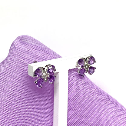 Butterfly shaped purple amethyst and diamond sterling silver stud earrings