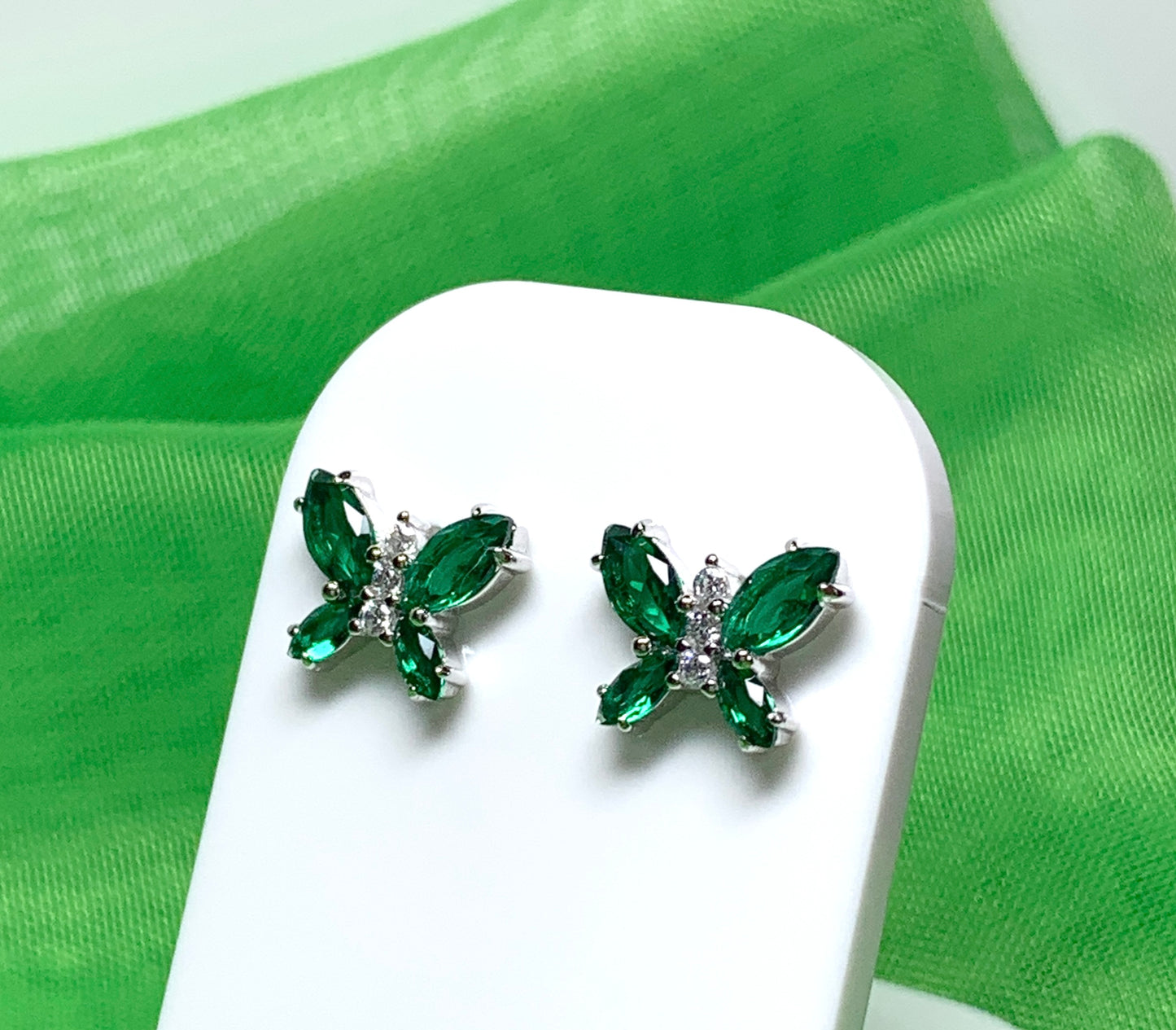 Butterfly shaped green cubic zirconia sterling silver stud earrings