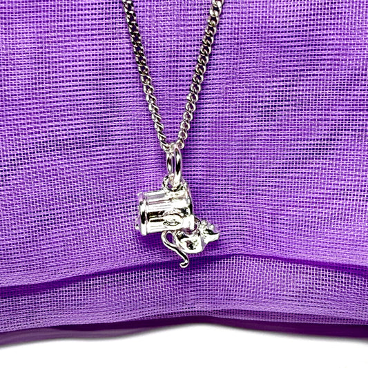 Cat on a dustbin sterling silver necklace