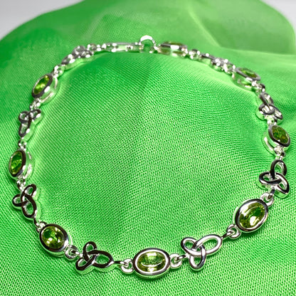 Celtic green peridot oval sterling silver bracelet