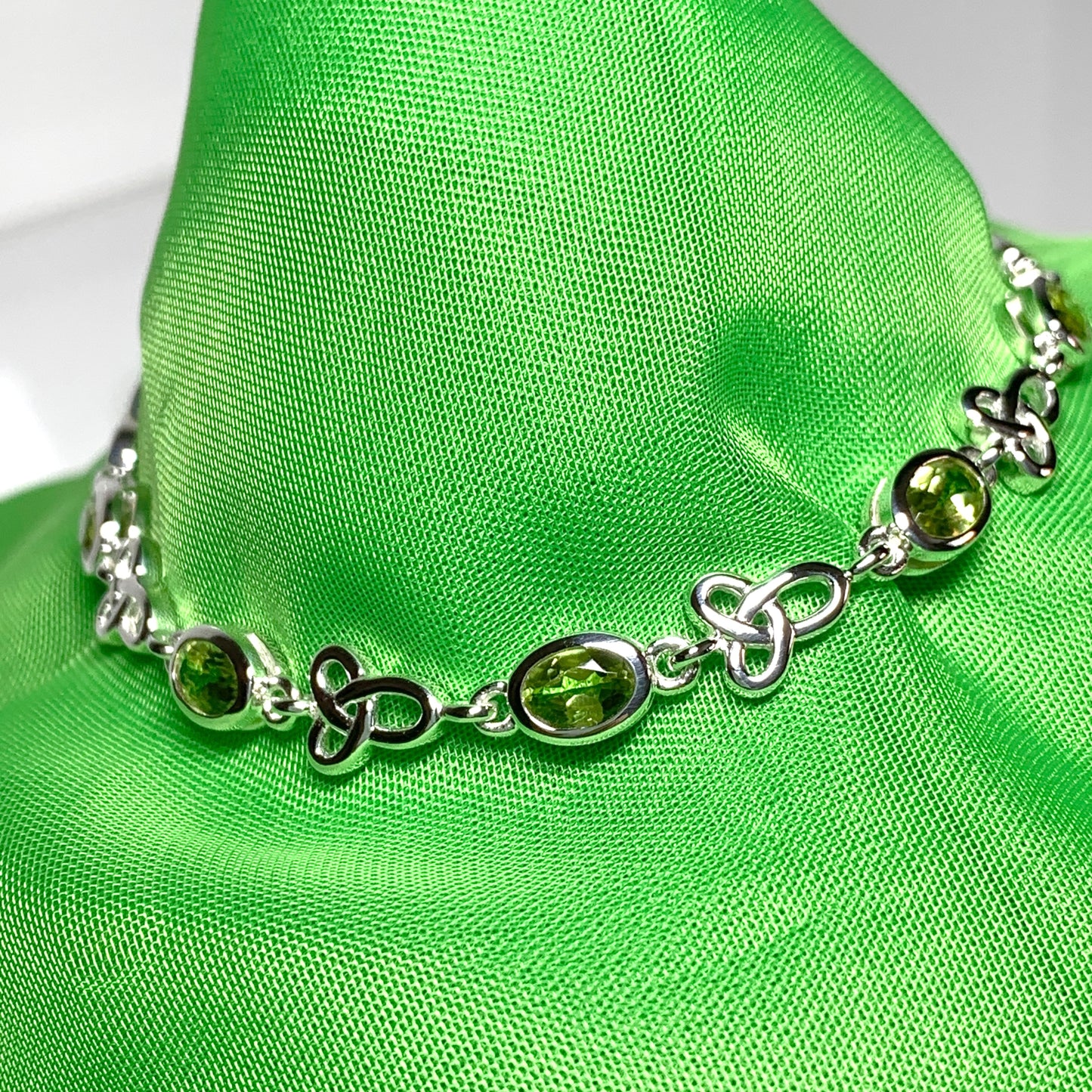 Celtic green peridot oval sterling silver bracelet