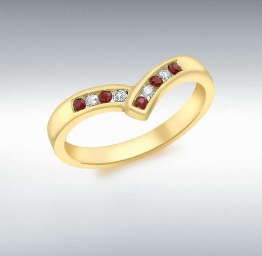Wishbone ring channel set yellow gold real ruby and diamond