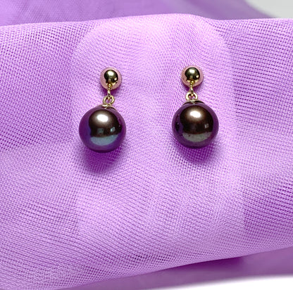 Real chocolate cultured pearl drop earrings freshwater yellow gold