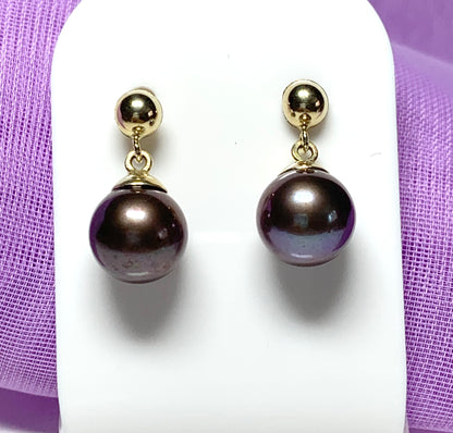 Real chocolate cultured pearl drop earrings freshwater yellow gold