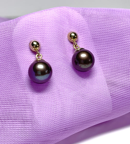 Real chocolate cultured pearl drop earrings freshwater yellow gold