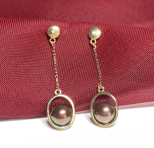 Chocolate pearl drop earrings freshwater cultured yellow gold
