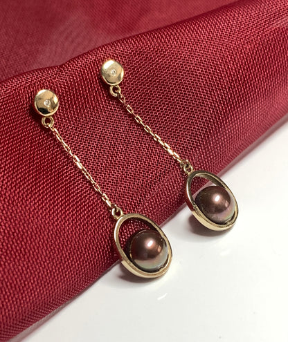 Chocolate pearl drop earrings freshwater cultured yellow gold