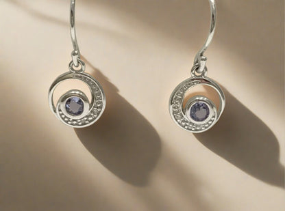 Circle tanzanite white gold drop earrings