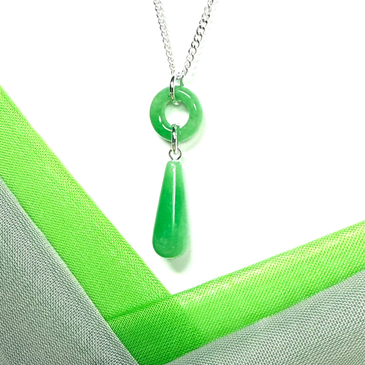 Circle and tear drop sterling silver pear shaped green real jade necklace pendant, with a chain