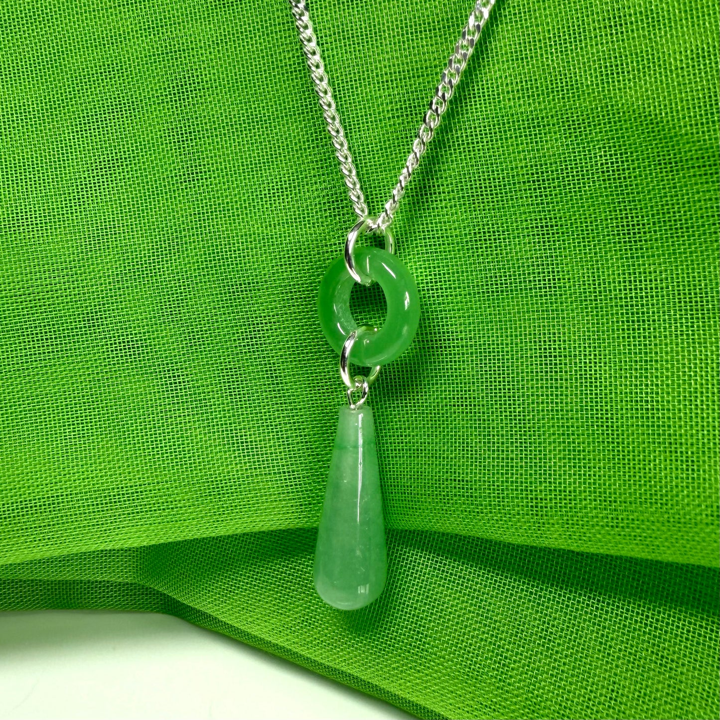 Circle and tear drop sterling silver pear shaped green real jade necklace pendant, chain included