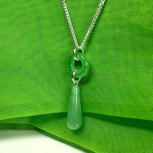 Circle and tear drop sterling silver pear shaped green real jade necklace pendant, chain included