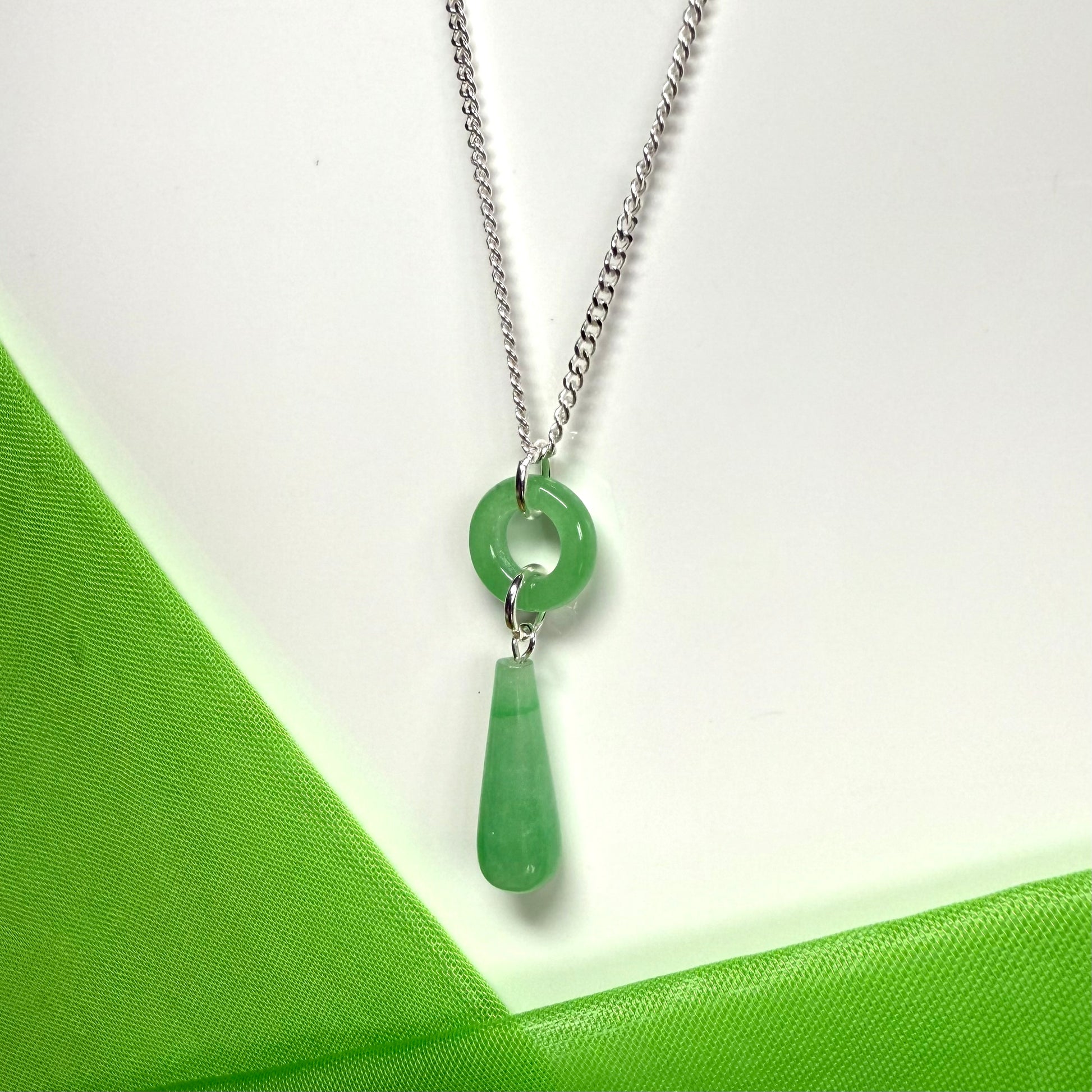 Circle and tear drop sterling silver pear shaped green real jade necklace pendant, chain included