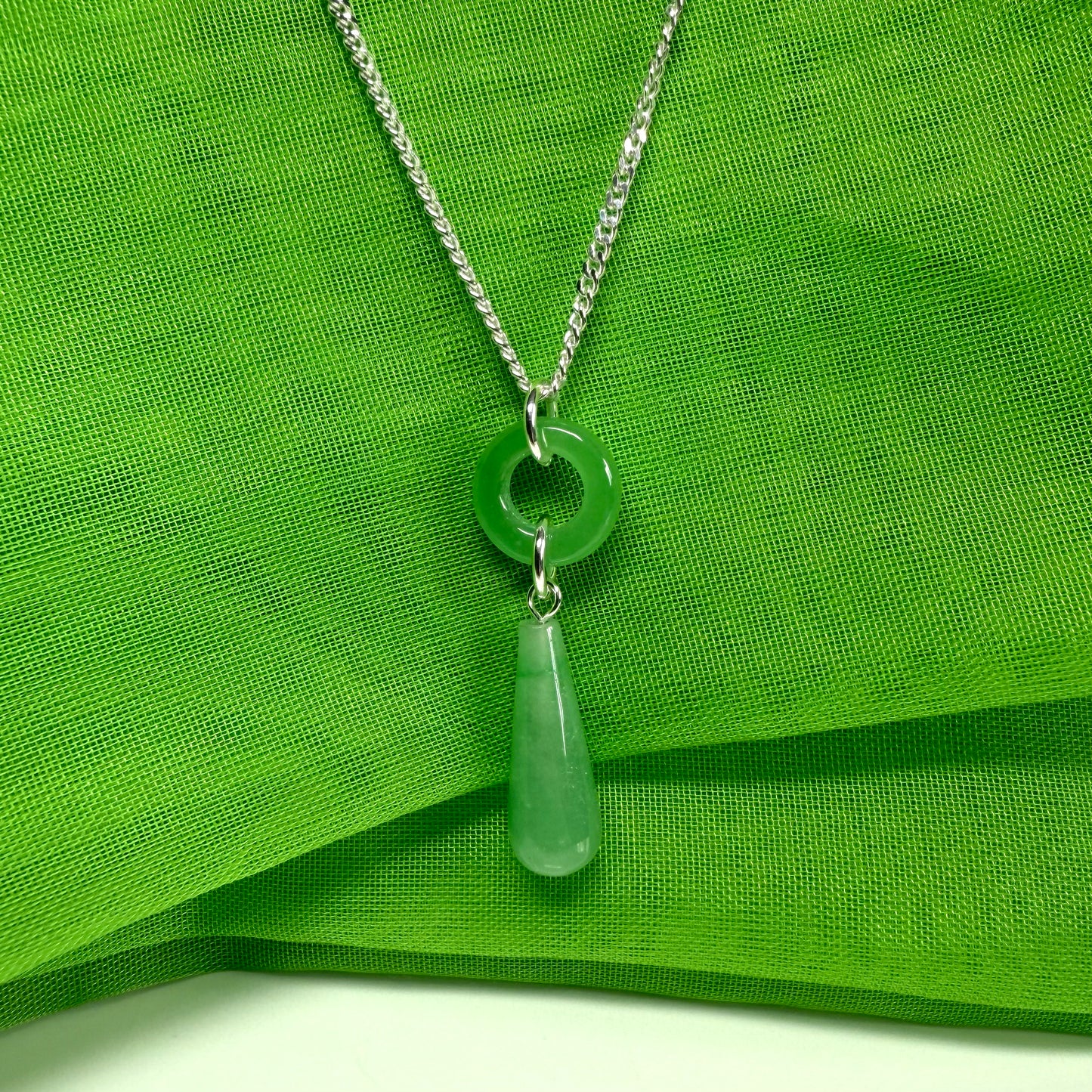 Circle and tear drop sterling silver pear shaped green real jade necklace pendant, chain included