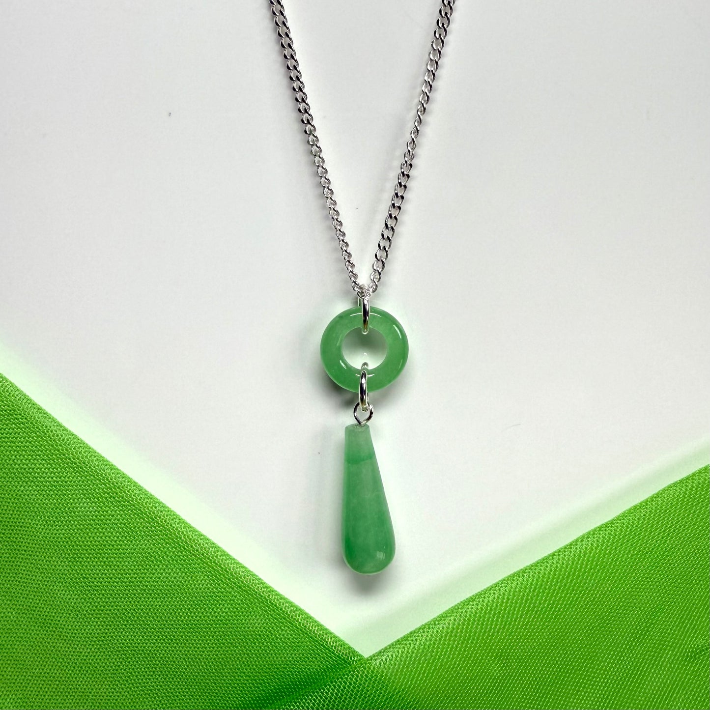 Circle and tear drop sterling silver pear shaped green real jade necklace pendant, chain included
