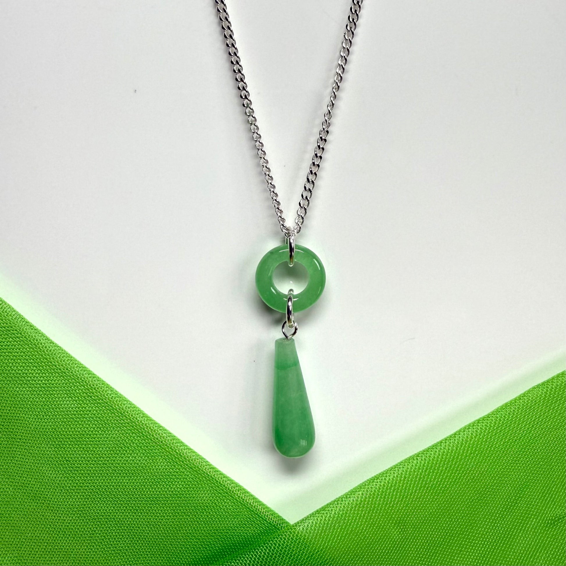 Circle and tear drop sterling silver pear shaped green real jade necklace pendant, chain included