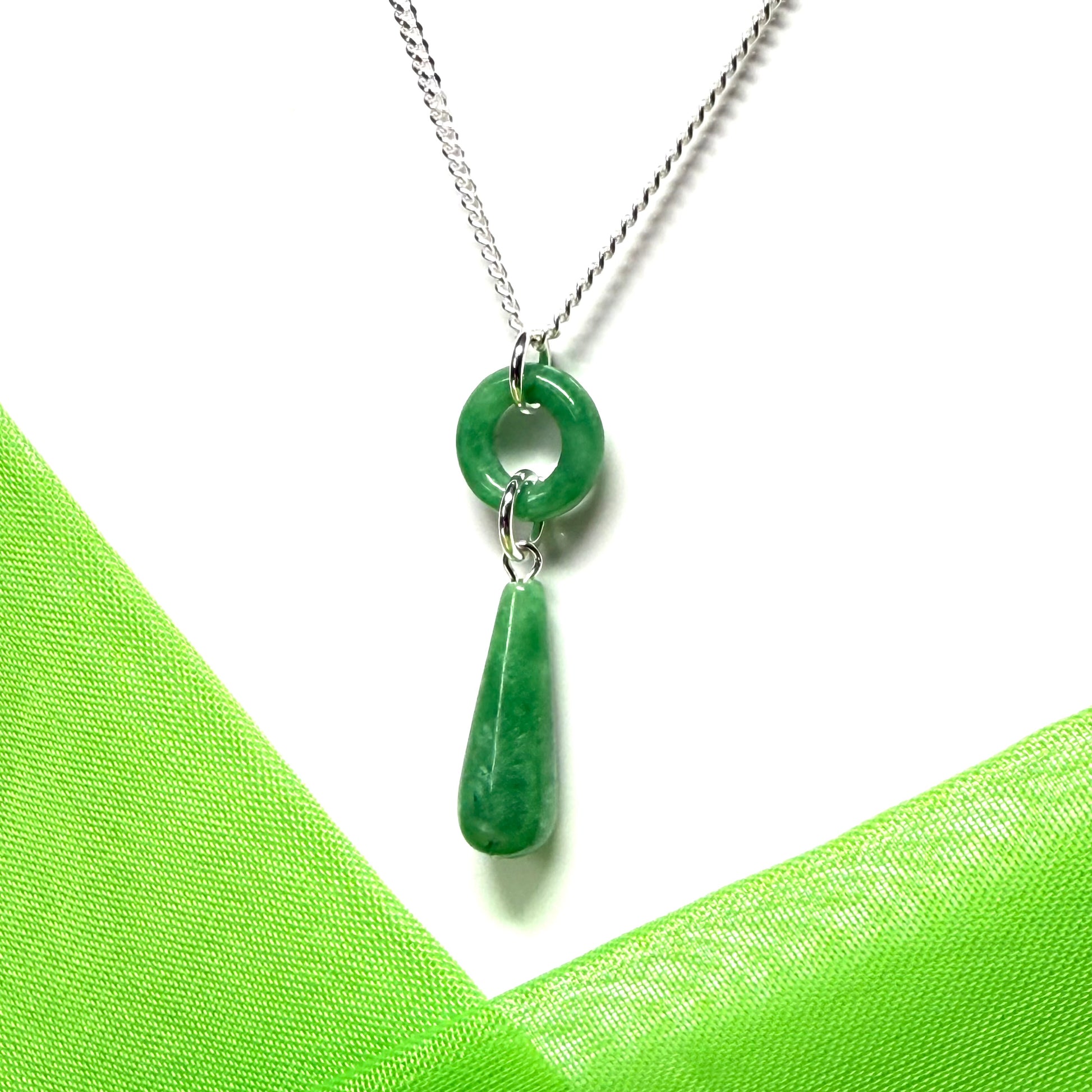 Circle and tear drop sterling silver pear shaped green real jade necklace pendant, included with chain