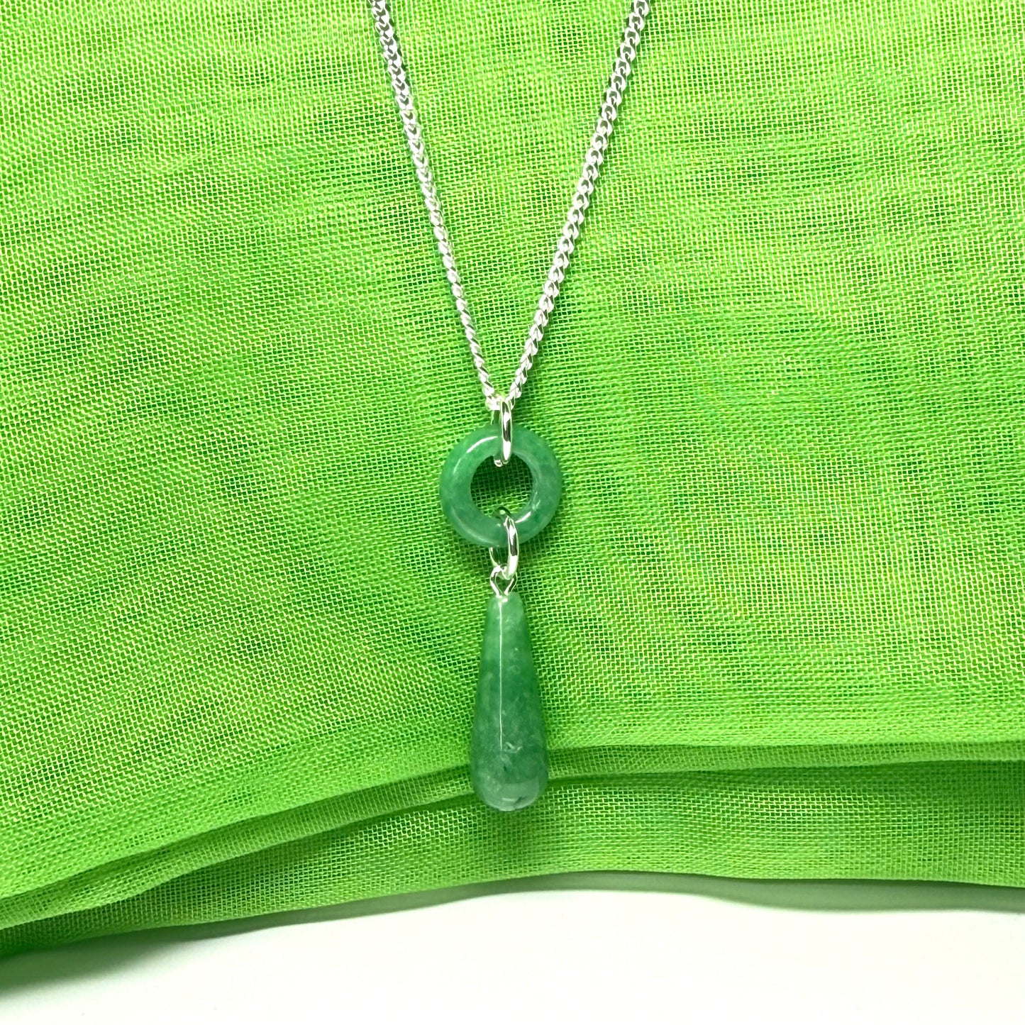Circle and tear drop sterling silver pear shaped green real jade necklace pendant, with chain