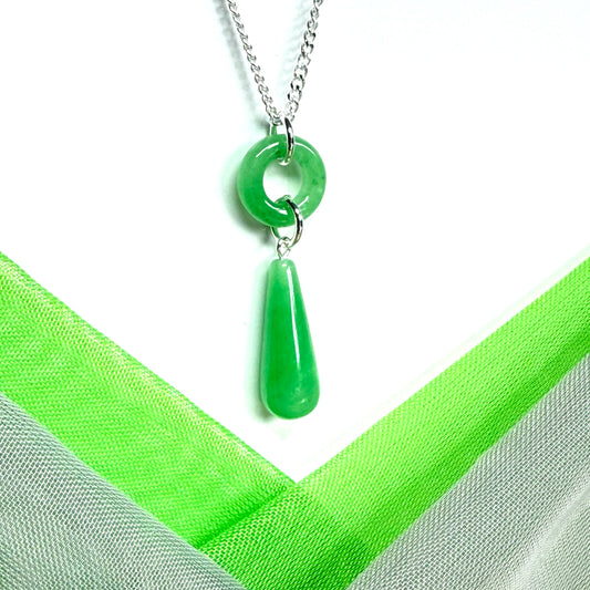 Circle and tear drop sterling silver pear shaped green real jade necklace pendant, with a chain