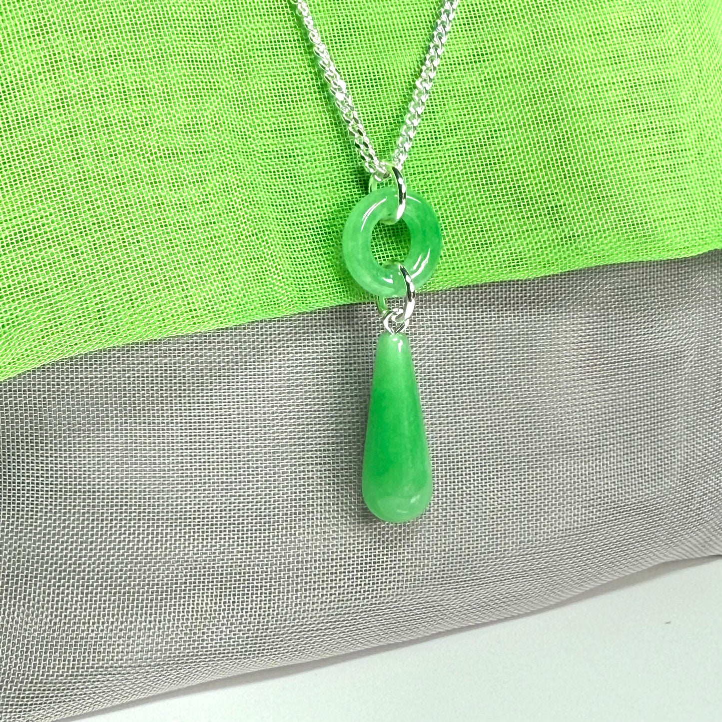 Circle and tear drop sterling silver pear shaped green real jade necklace pendant, with a chain