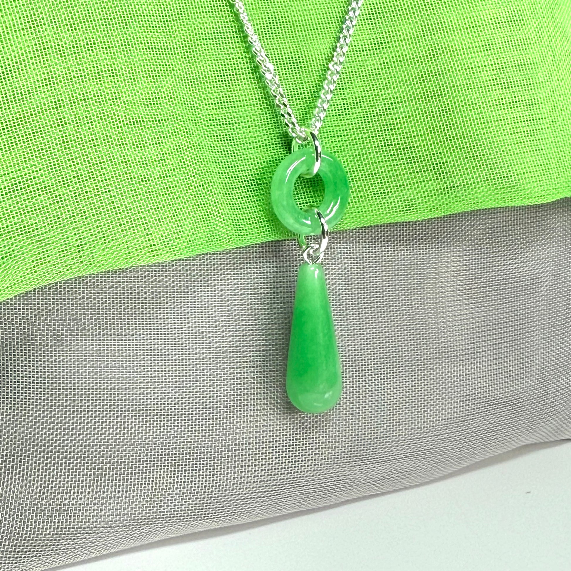 Circle and tear drop sterling silver pear shaped green real jade necklace pendant, with a chain