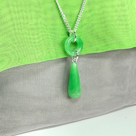 Circle and tear drop sterling silver pear shaped green real jade necklace pendant, with a chain
