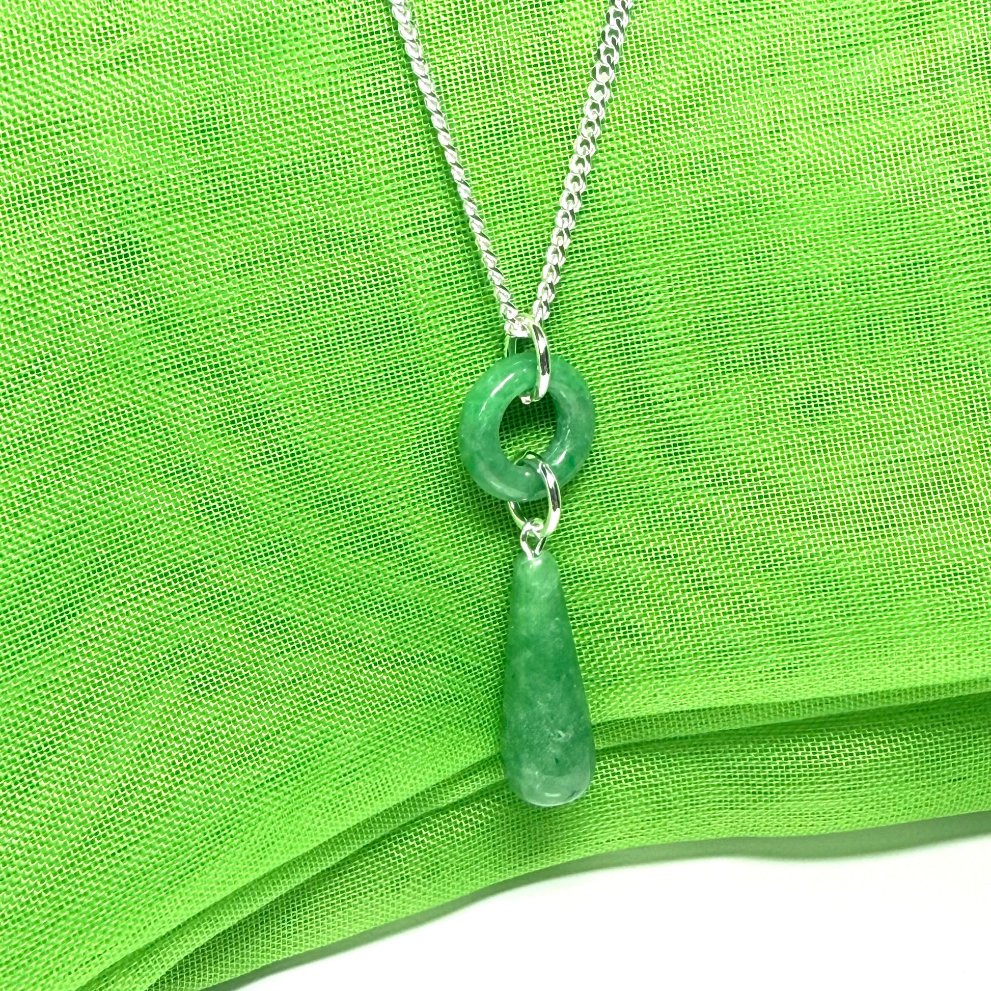 Circle and tear drop sterling silver pear shaped green real jade necklace pendant, with chain