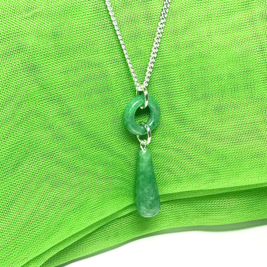Circle and tear drop sterling silver pear shaped green real jade necklace pendant, with chain
