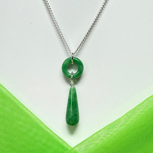 Circle and tear drop sterling silver pear shaped green real jade necklace pendant, with chain