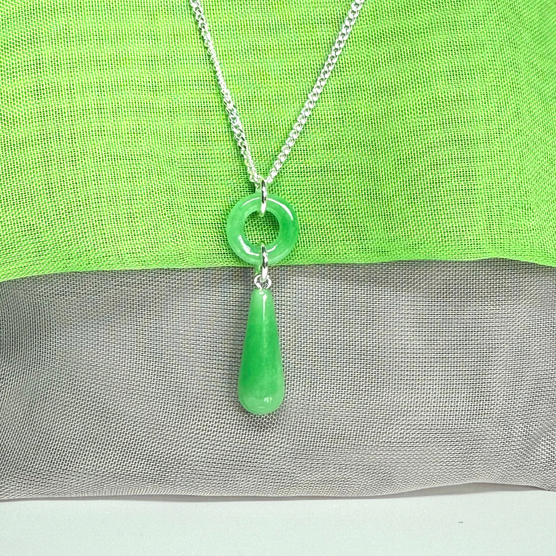 Circle and tear drop sterling silver pear shaped green real jade necklace pendant, with a chain