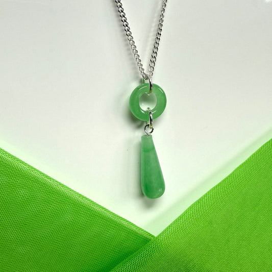 Circle and tear drop sterling silver pear shaped green real jade necklace pendant, chain included