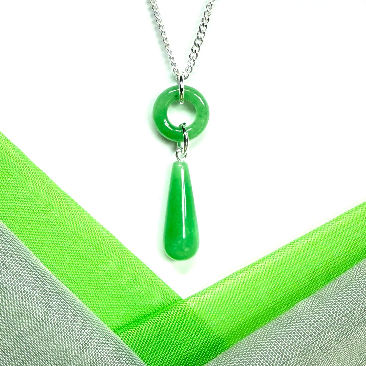 Circle and tear drop sterling silver pear shaped green real jade necklace pendant, with a chain
