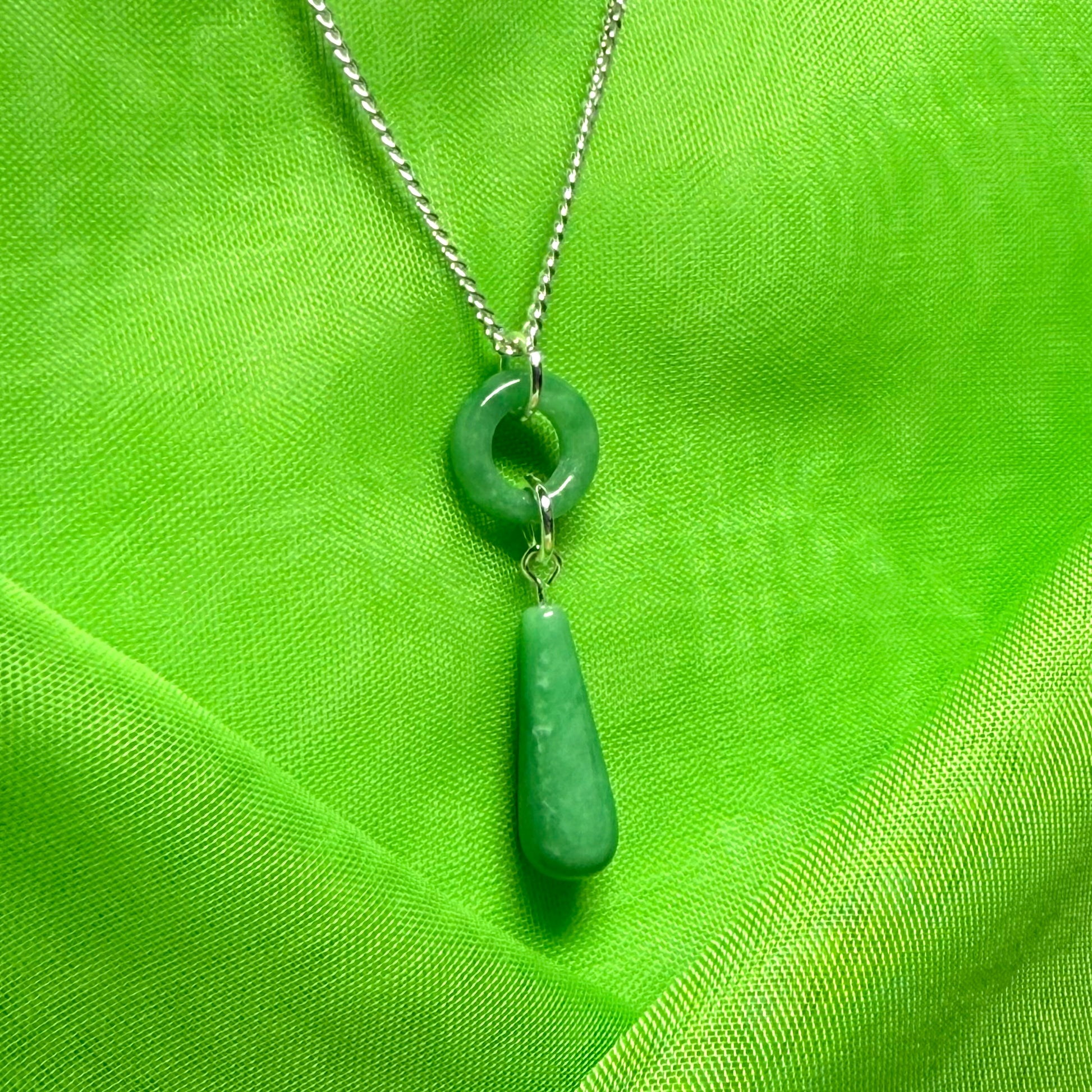 Circle and tear drop sterling silver pear shaped real green real jade necklace