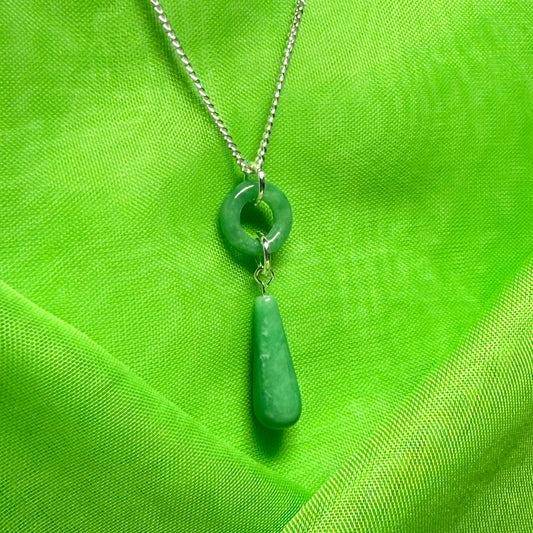 Circle and tear drop sterling silver pear shaped real green real jade necklace