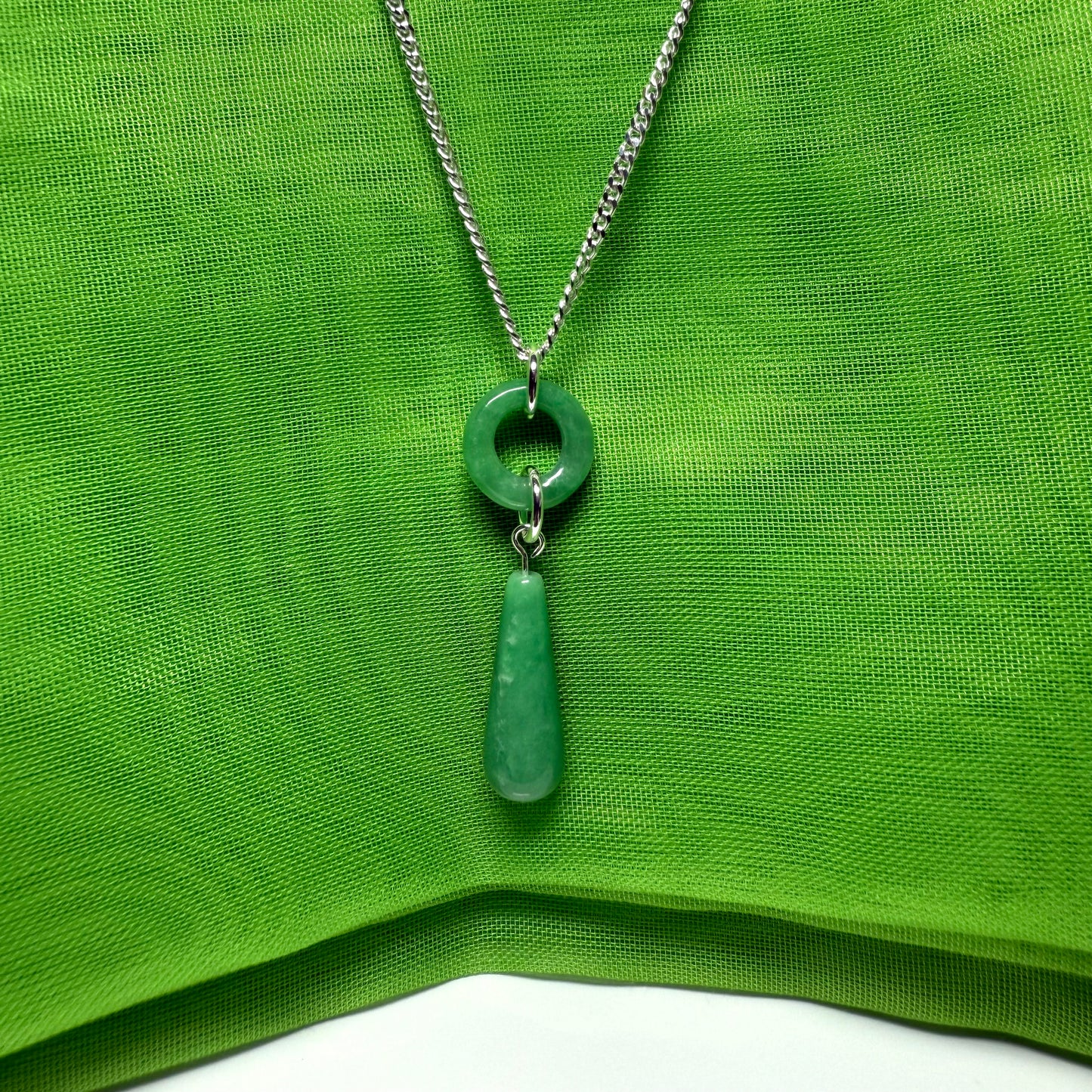 Circle and tear drop sterling silver pear shaped real green real jade necklace