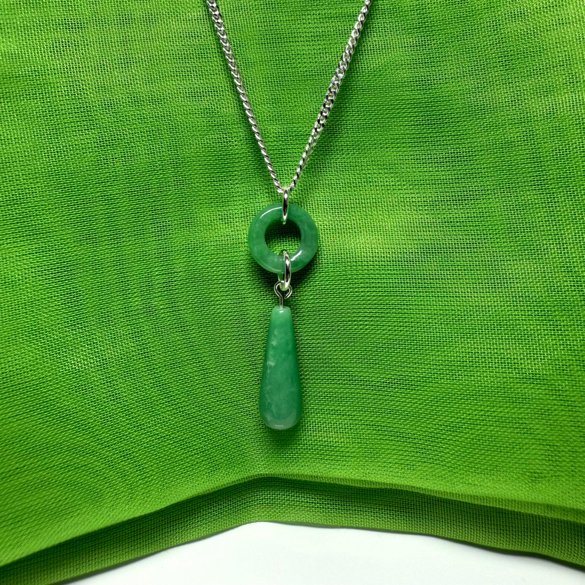 Circle and tear drop sterling silver pear shaped real green real jade necklace
