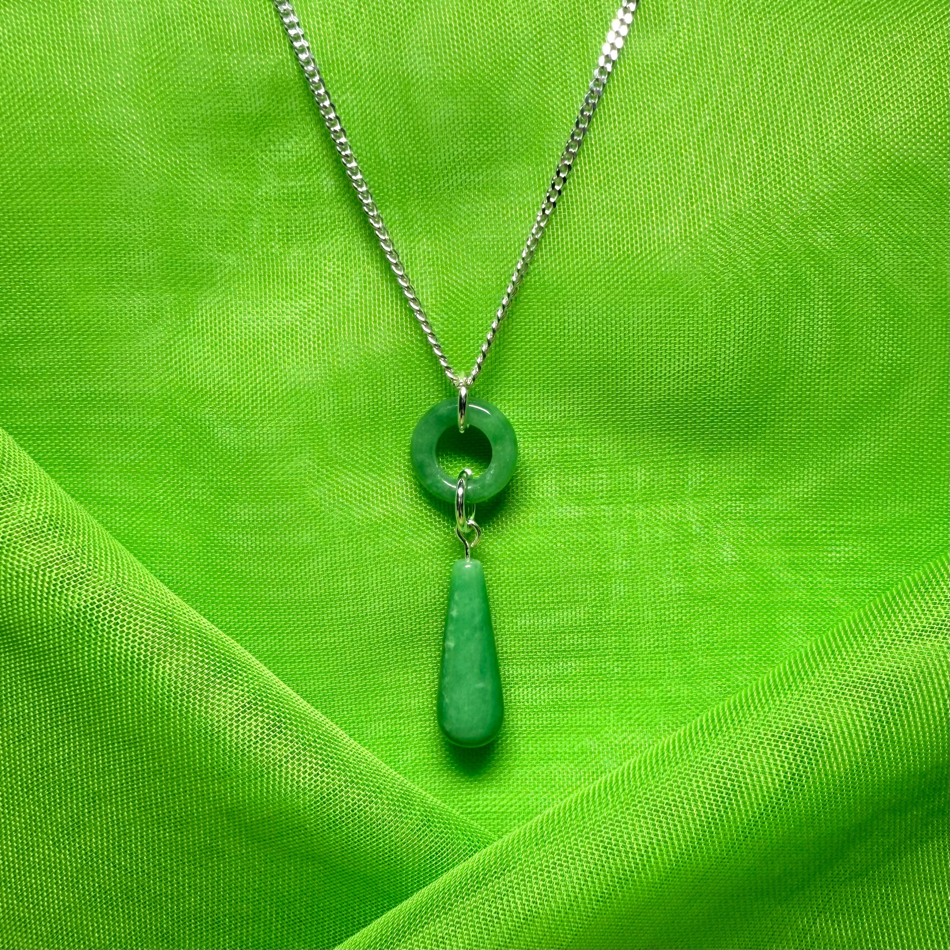 Circle and tear drop sterling silver pear shaped real green real jade necklace