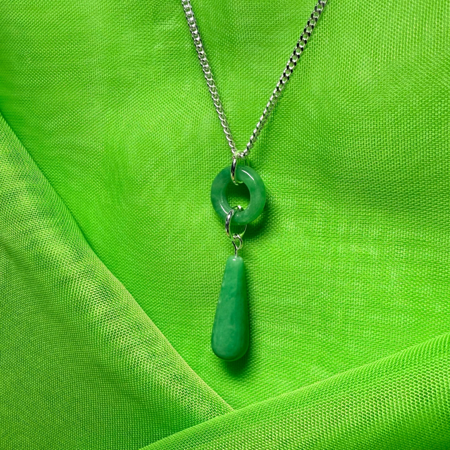 Circle and tear drop sterling silver pear shaped real green real jade necklace