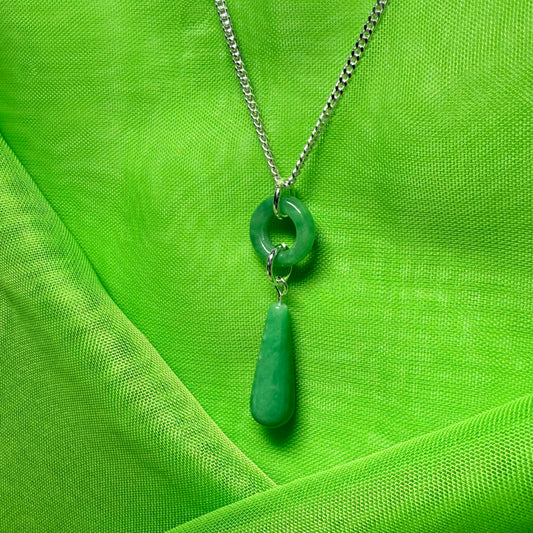 Circle and tear drop sterling silver pear shaped real green real jade necklace