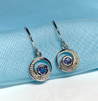 Circle tanzanite and diamond white gold drop earrings