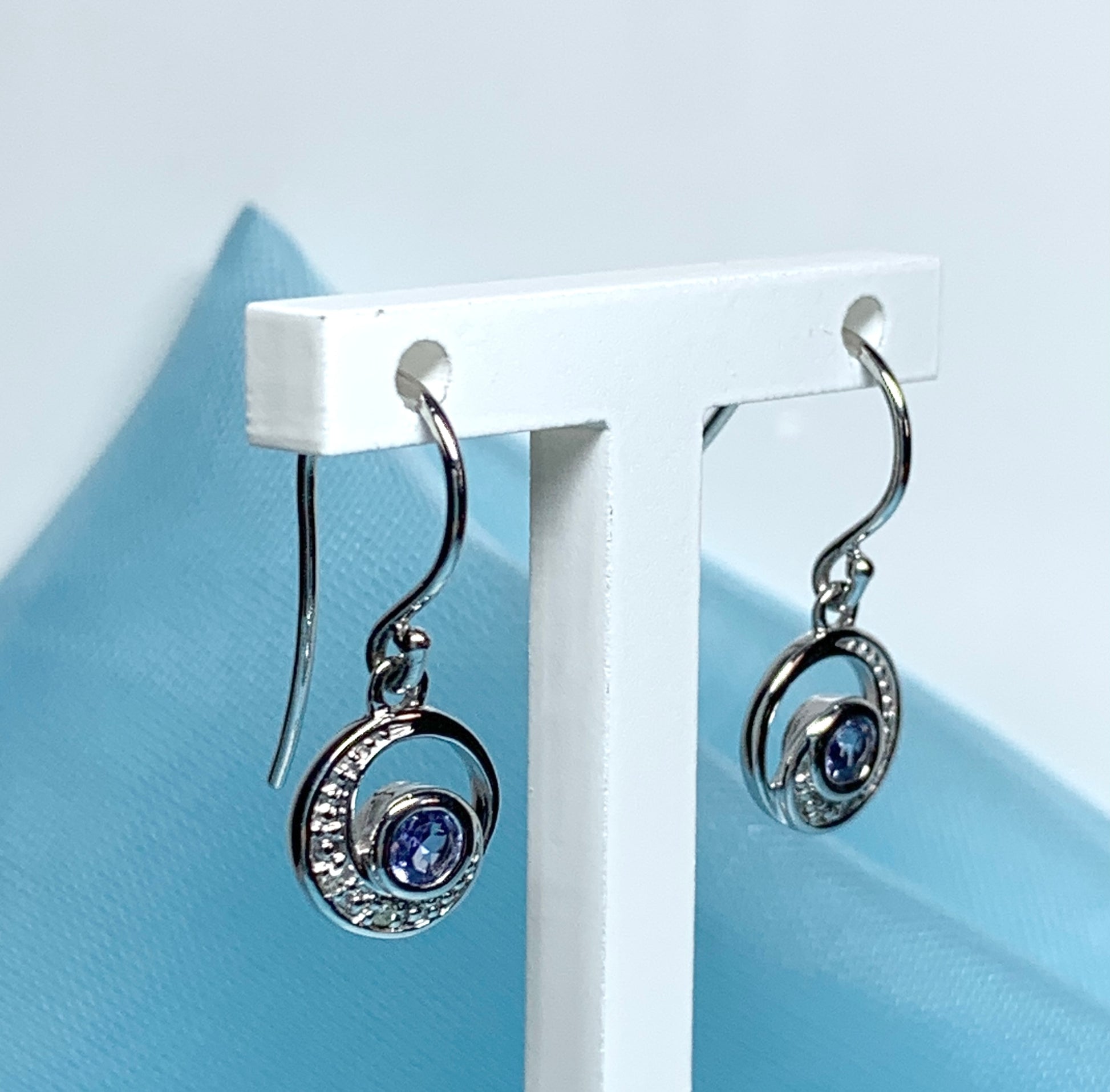 Circle tanzanite and diamond white gold drop earrings