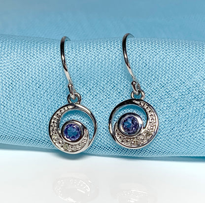 Circle tanzanite and diamond white gold drop earrings