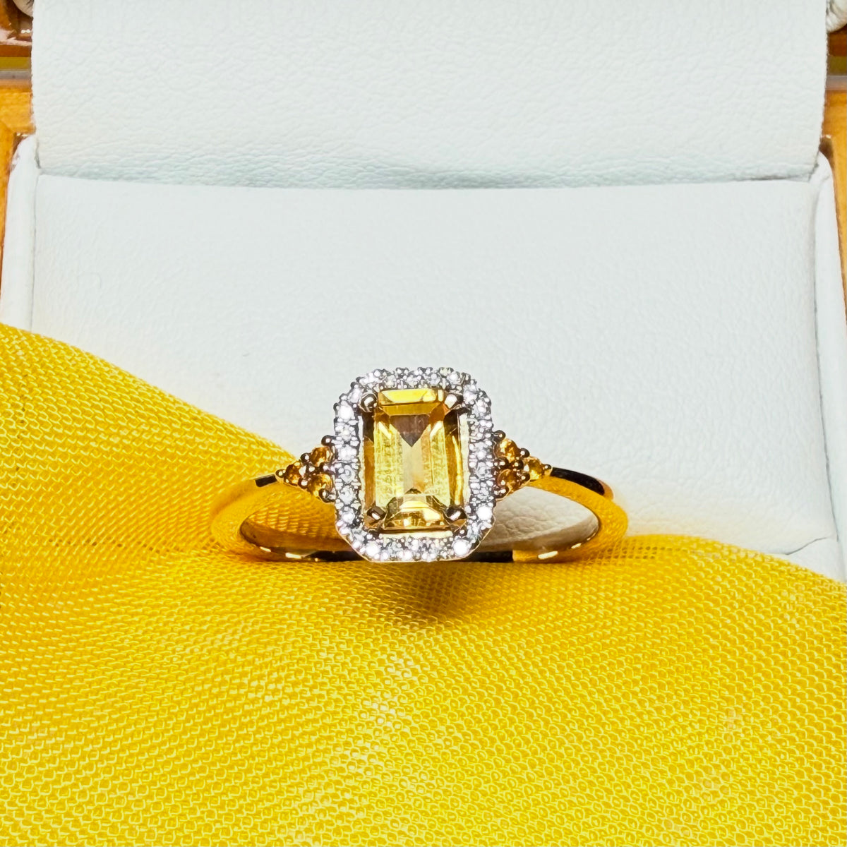 Citrine and diamond yellow gold octagonal cluster ring