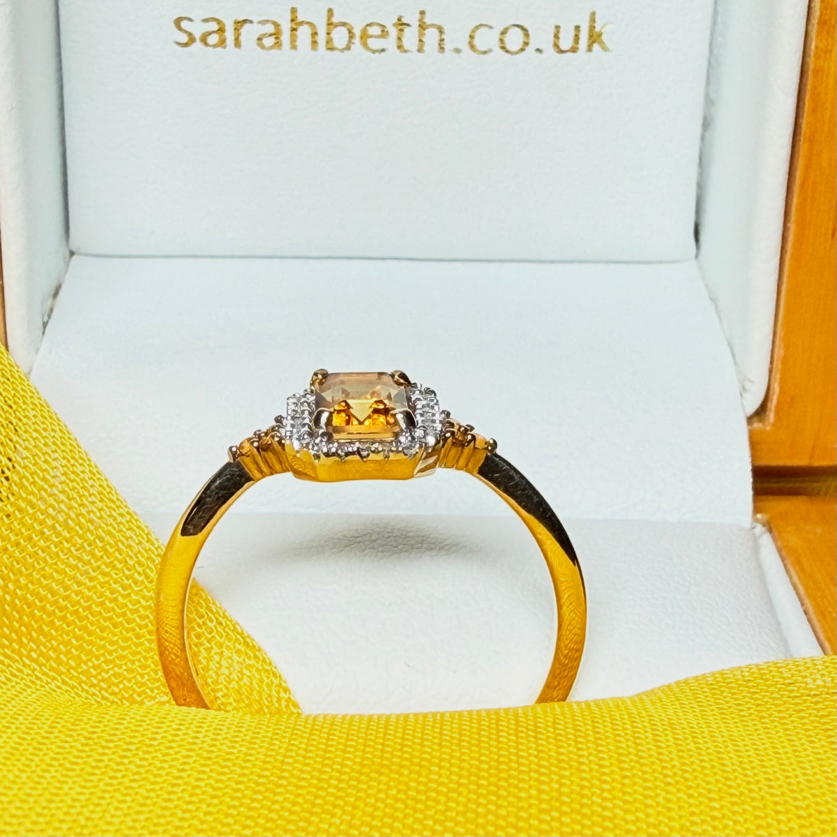 Citrine and diamond yellow gold octagonal cluster ring