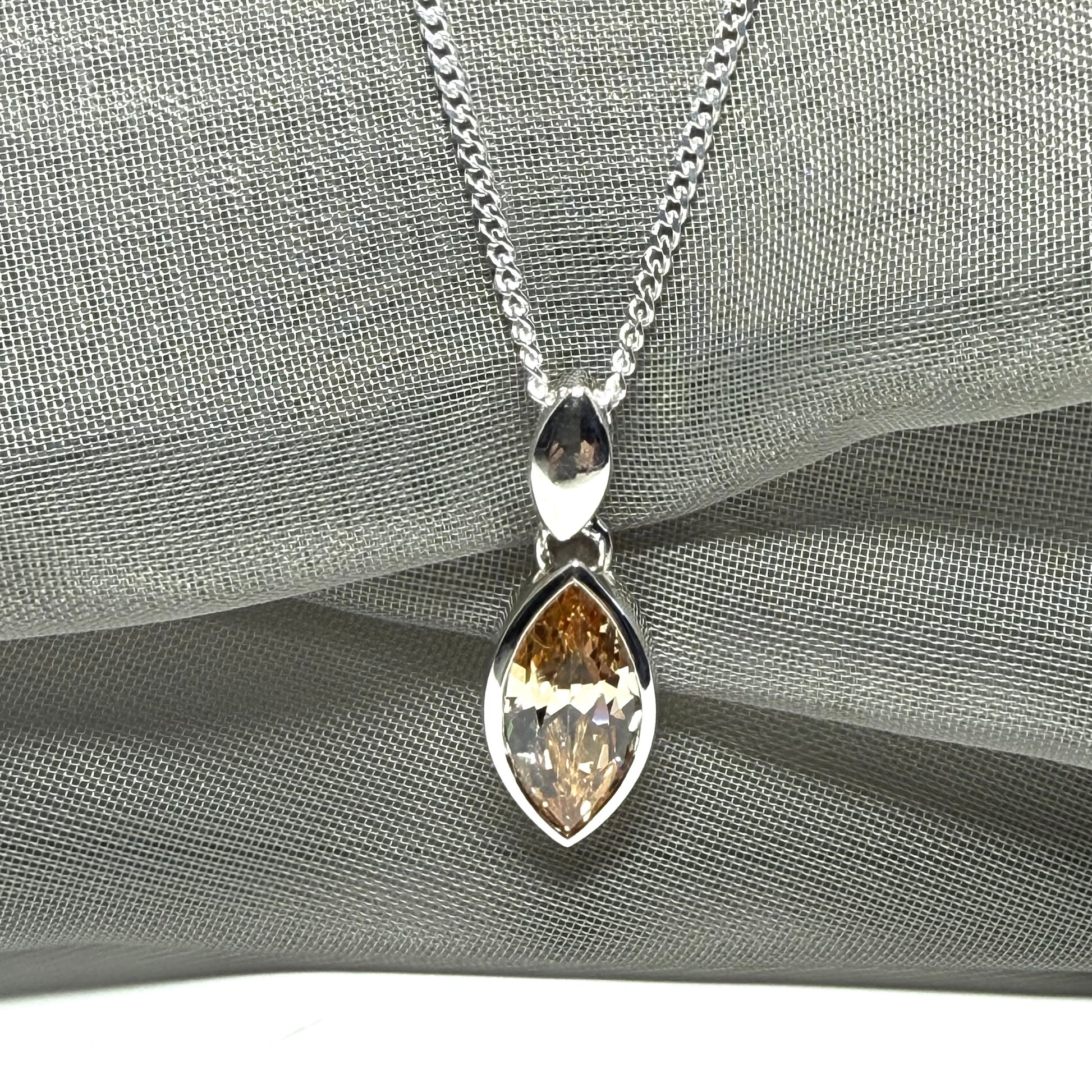 Citrine coloured cubic zirconia necklace pendant marquise smooth rub over setting with chain