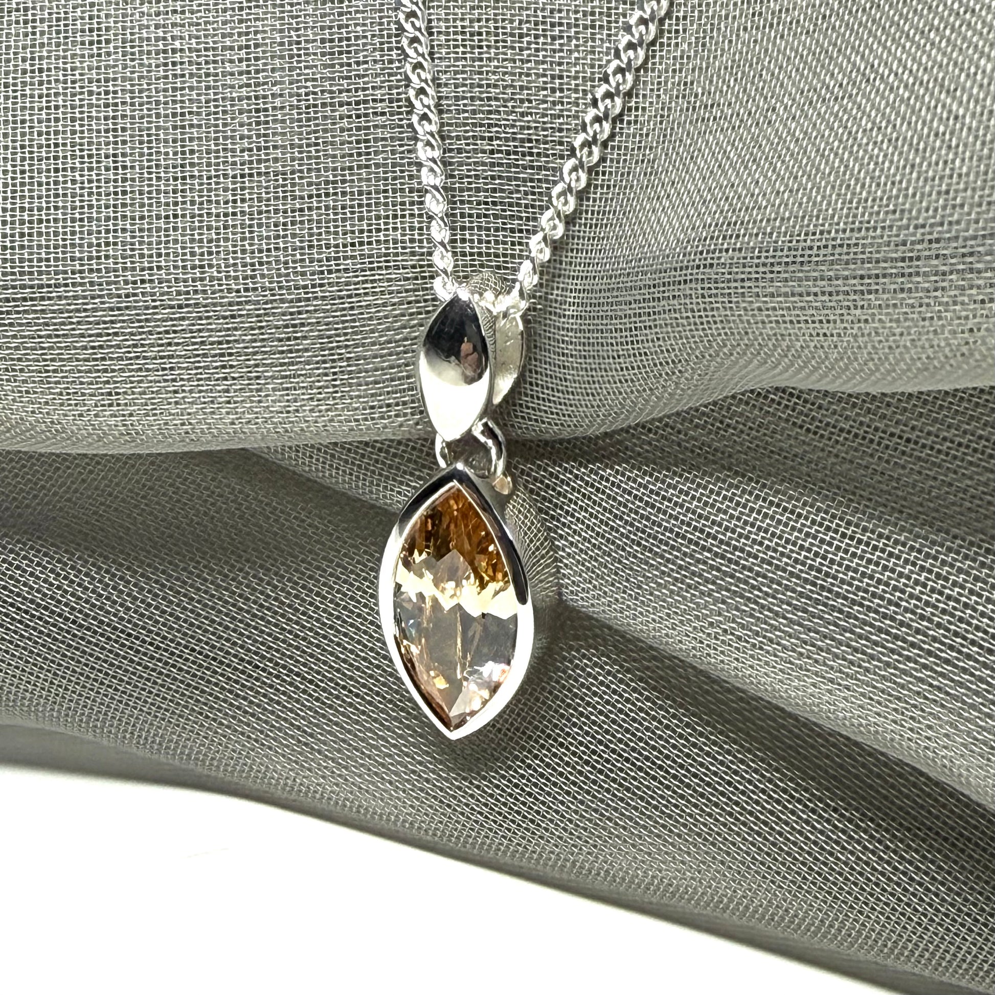 Citrine coloured cubic zirconia necklace pendant marquise smooth rub over setting with chain