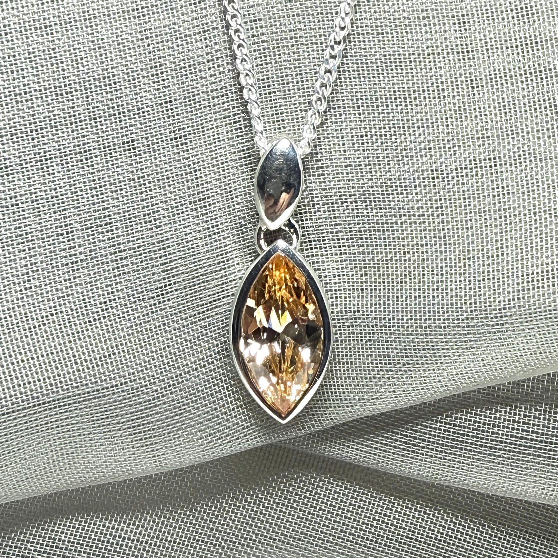 Citrine coloured cubic zirconia necklace pendant marquise smooth rub over setting with chain